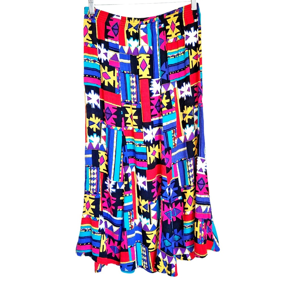 Vtg 80s 90s Aztec Southwest Print Skirt Size L Bright Graphic Pull on Hippie